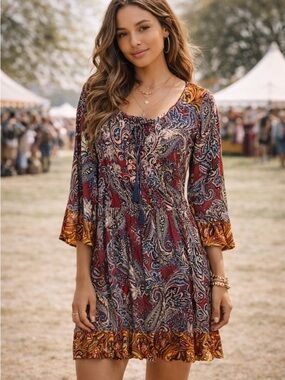 Flying Tomato Boho Paisley Mini Dress Tassel Tie Red Festival M